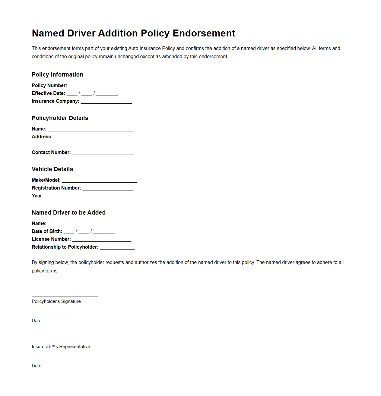 Named Driver Addition Policy Endorsement for Auto Insurance