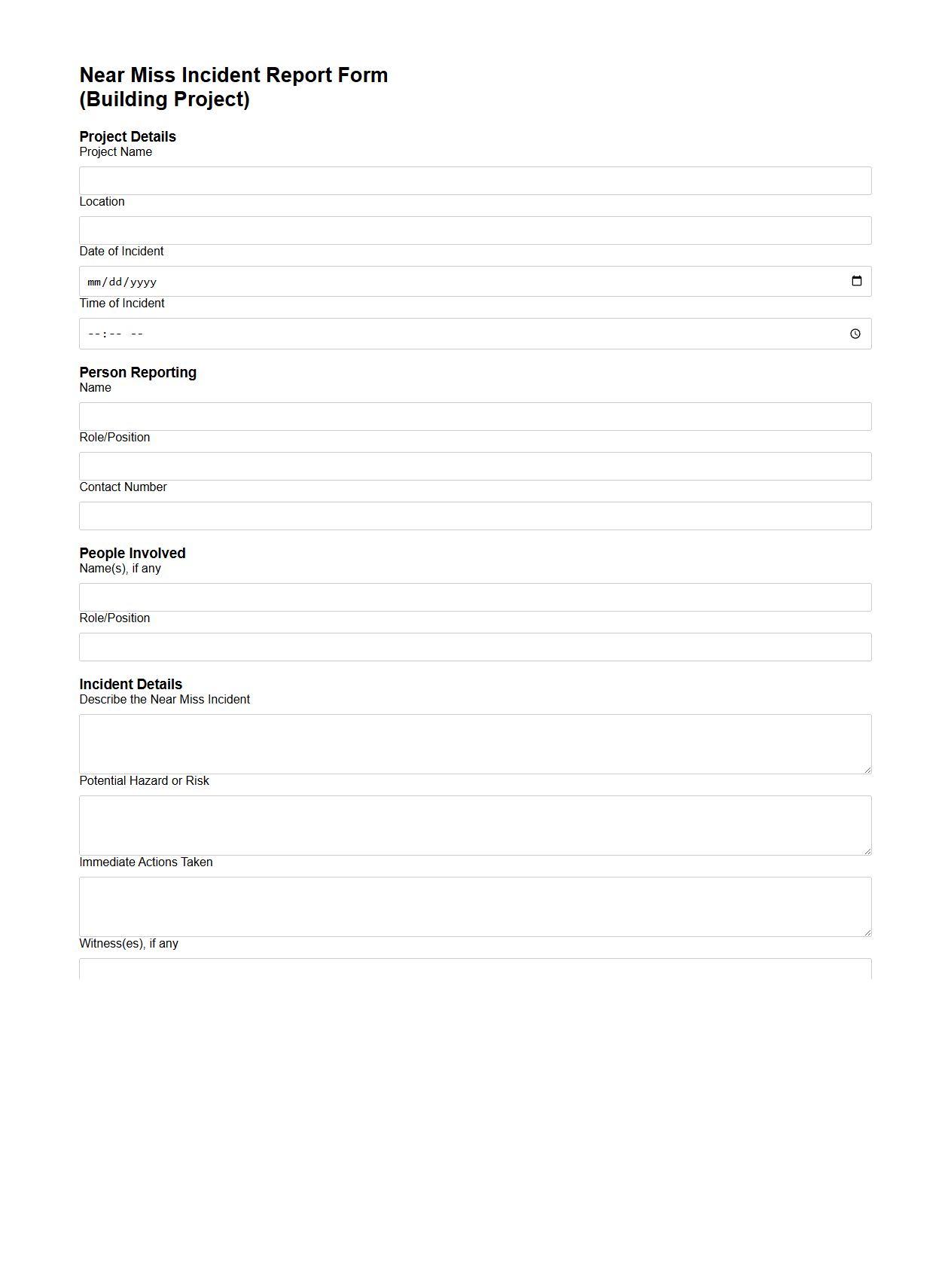 Near Miss Incident Report Form for Building Projects