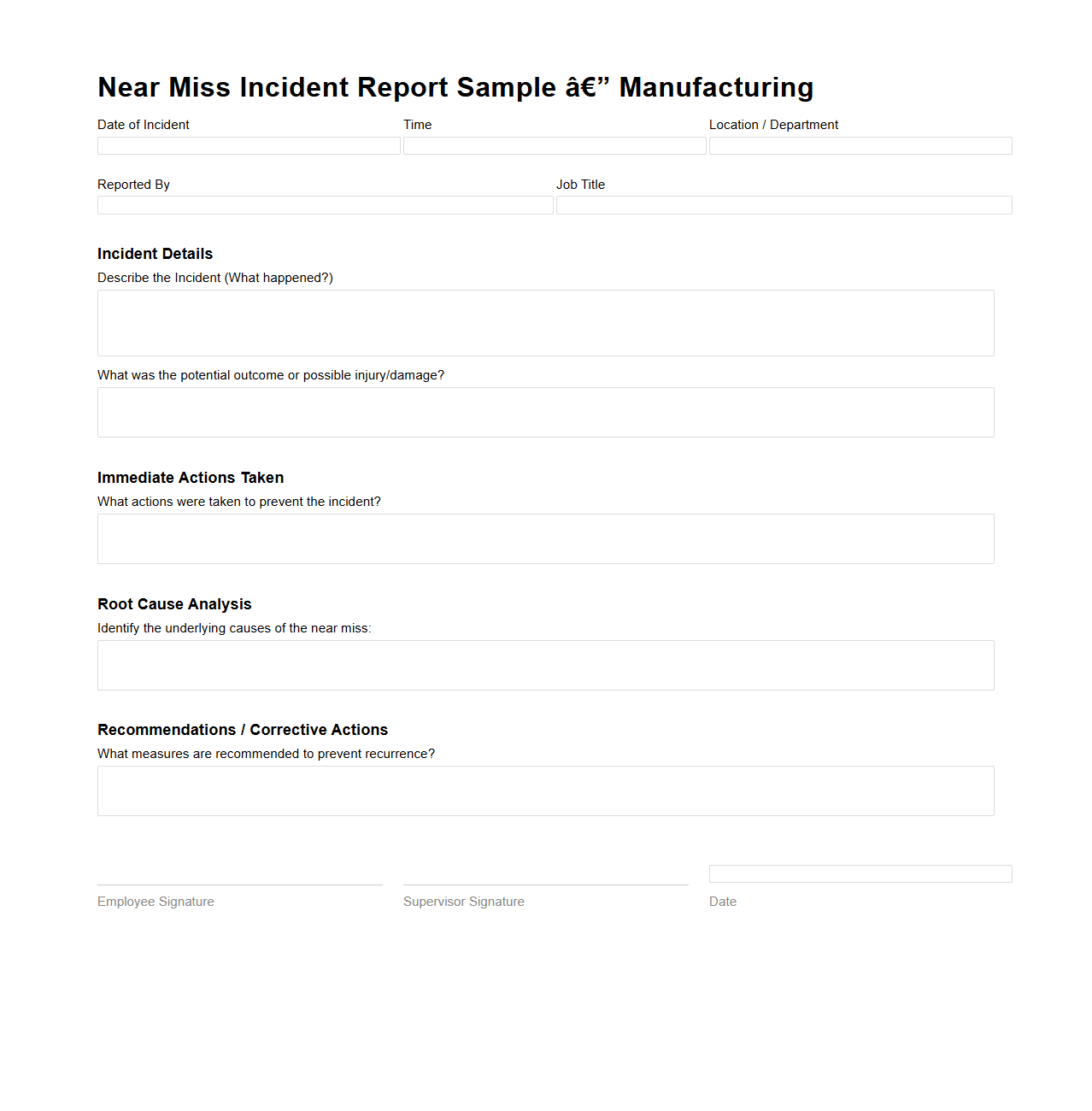 Near Miss Incident Report Sample for Manufacturing