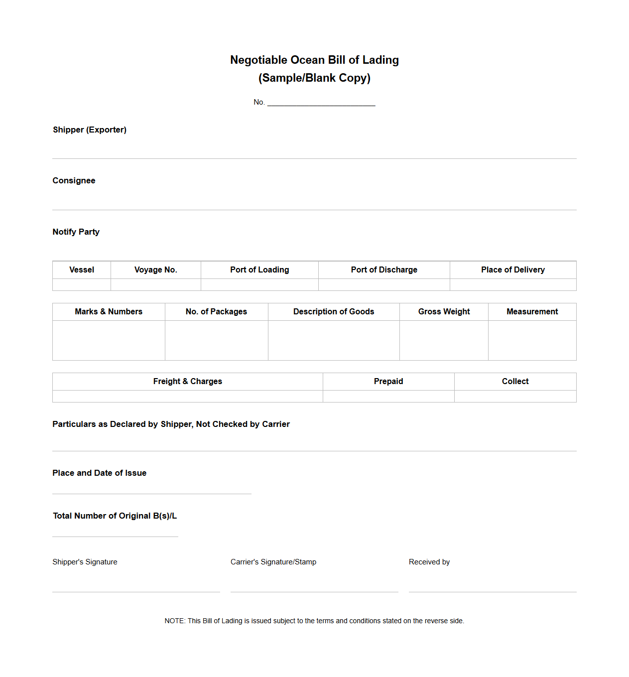 Negotiable Ocean Bill of Lading Sample