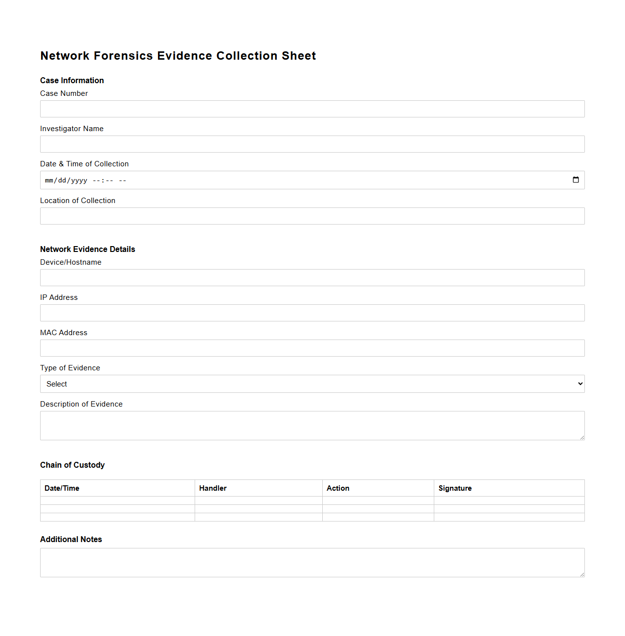 Network Forensics Evidence Collection Sheet