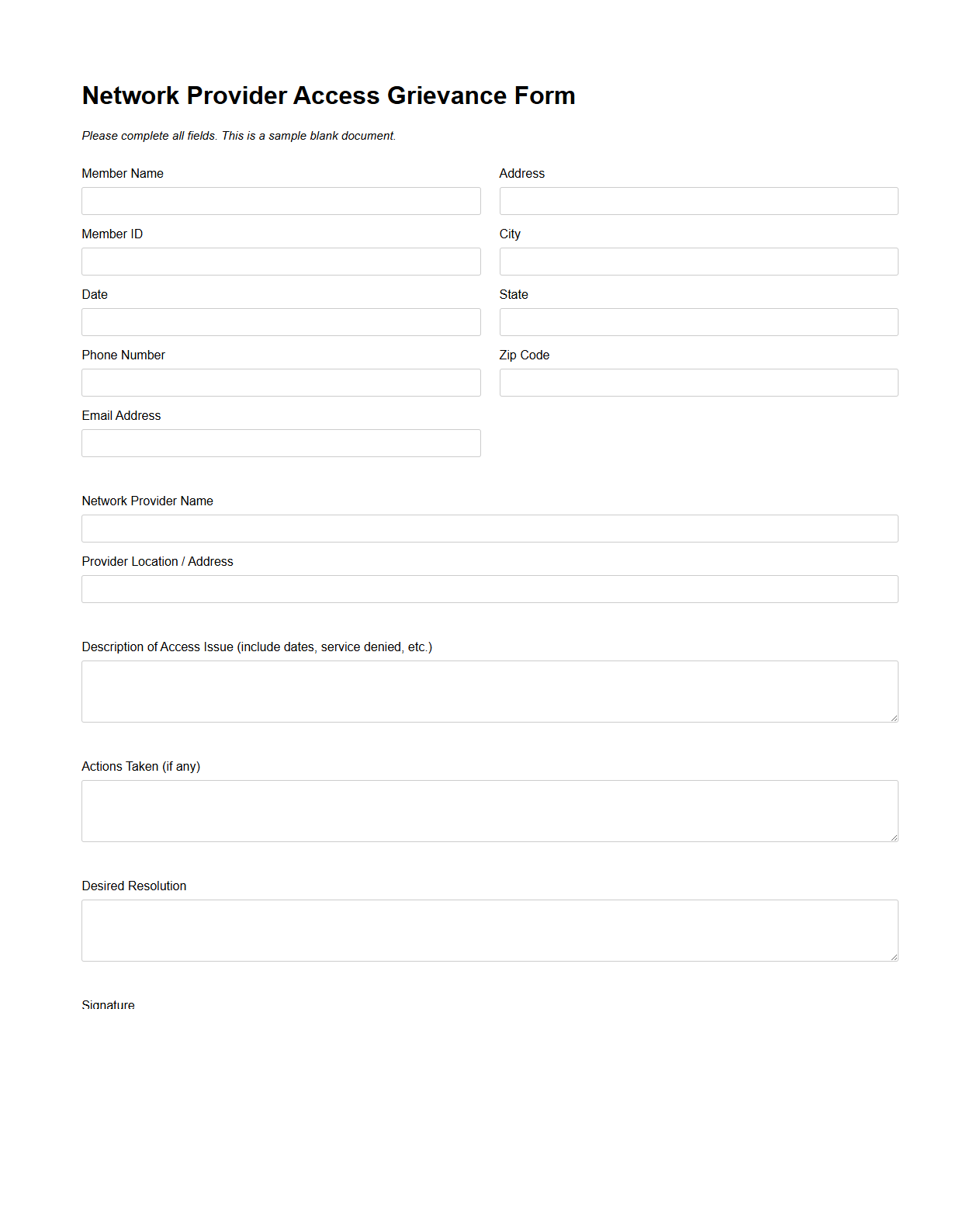 Network Provider Access Grievance Form