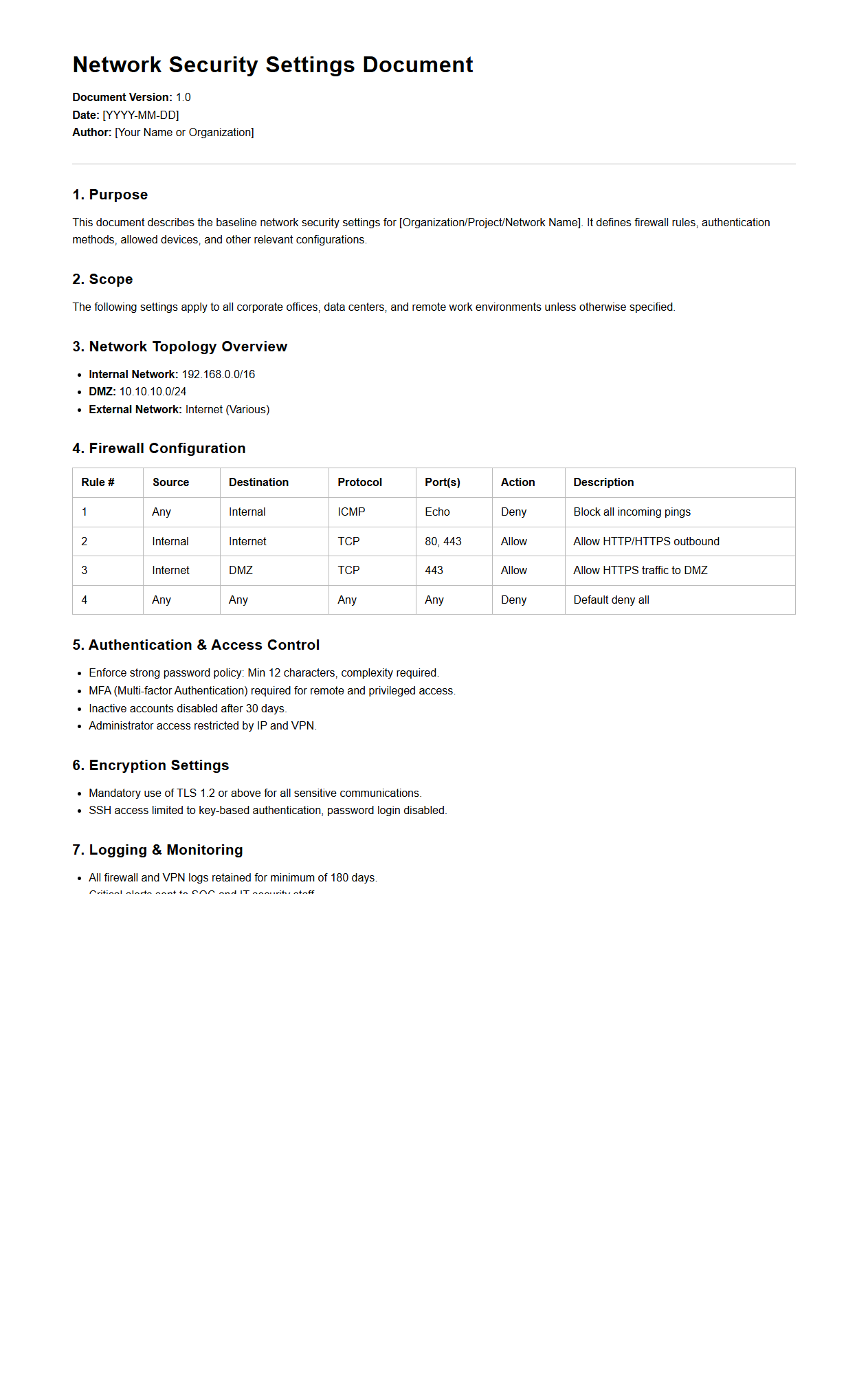 Network Security Settings Document Sample