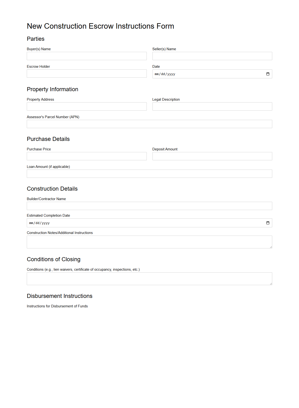 New Construction Escrow Instructions Form