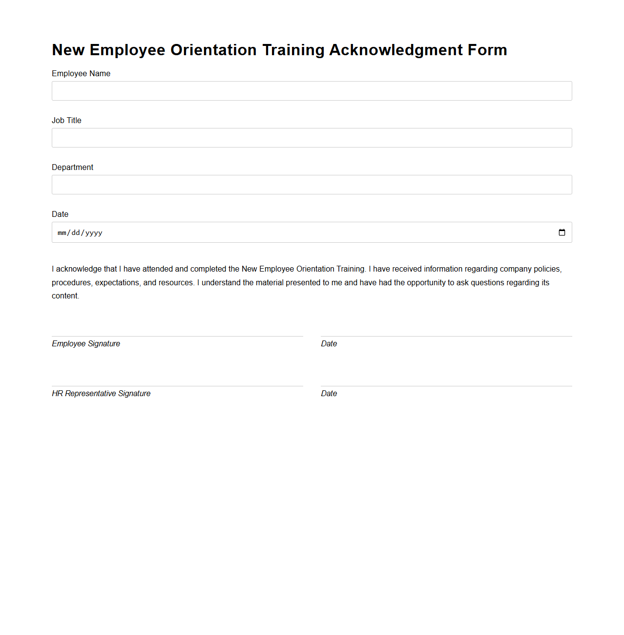 New Employee Orientation Training Acknowledgment Form