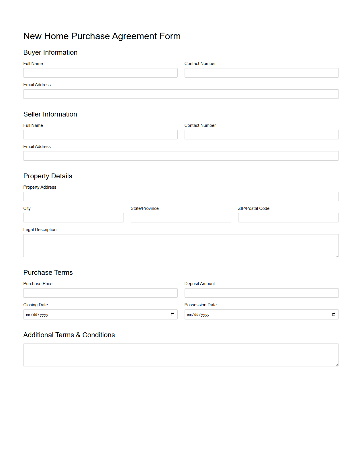 New Home Purchase Agreement Form