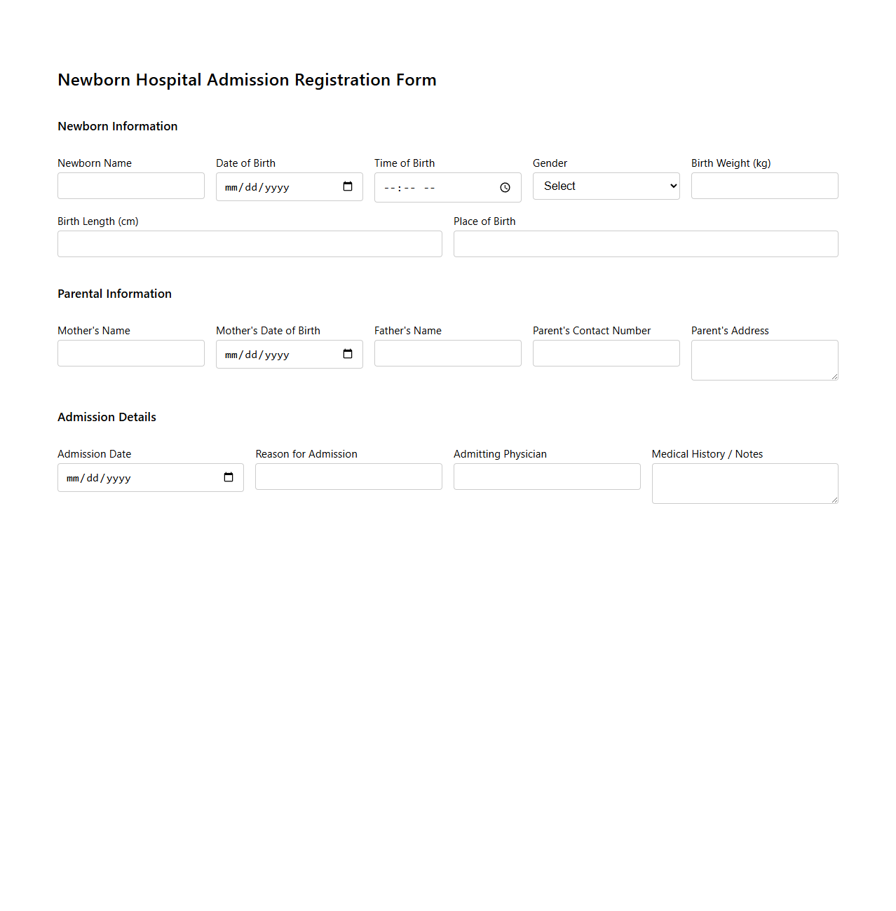 Newborn Hospital Admission Registration Form Sample