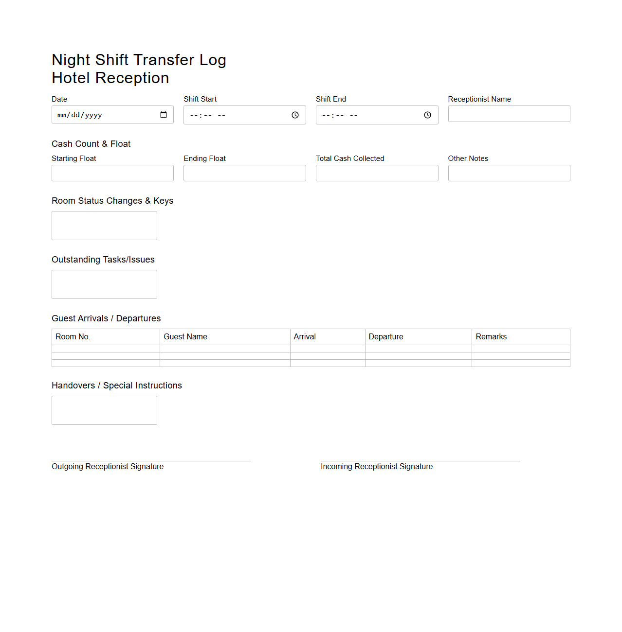 Night Shift Transfer Log for Hotel Reception