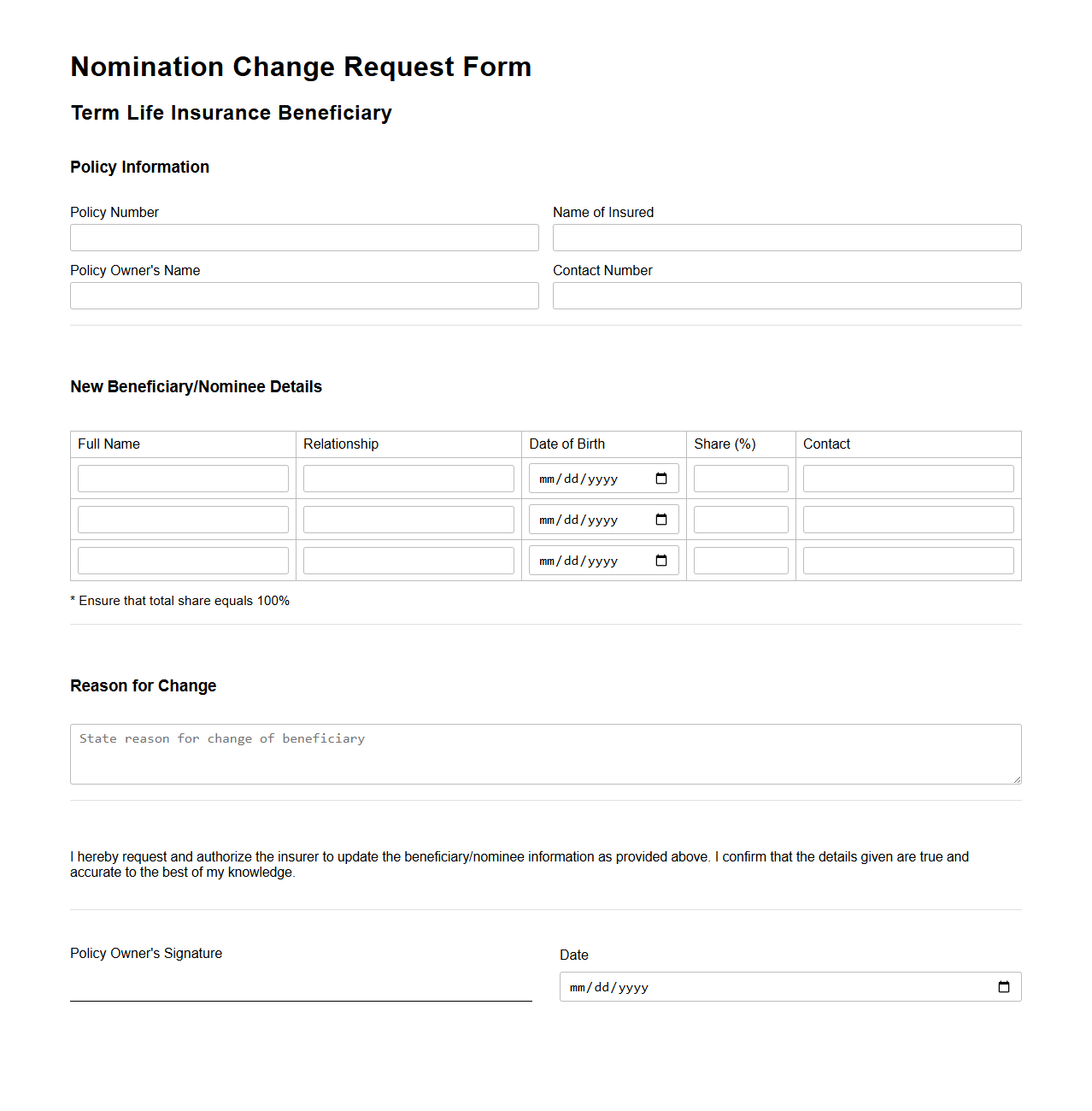 Nomination Change Request Form for Term Life Insurance Beneficiary