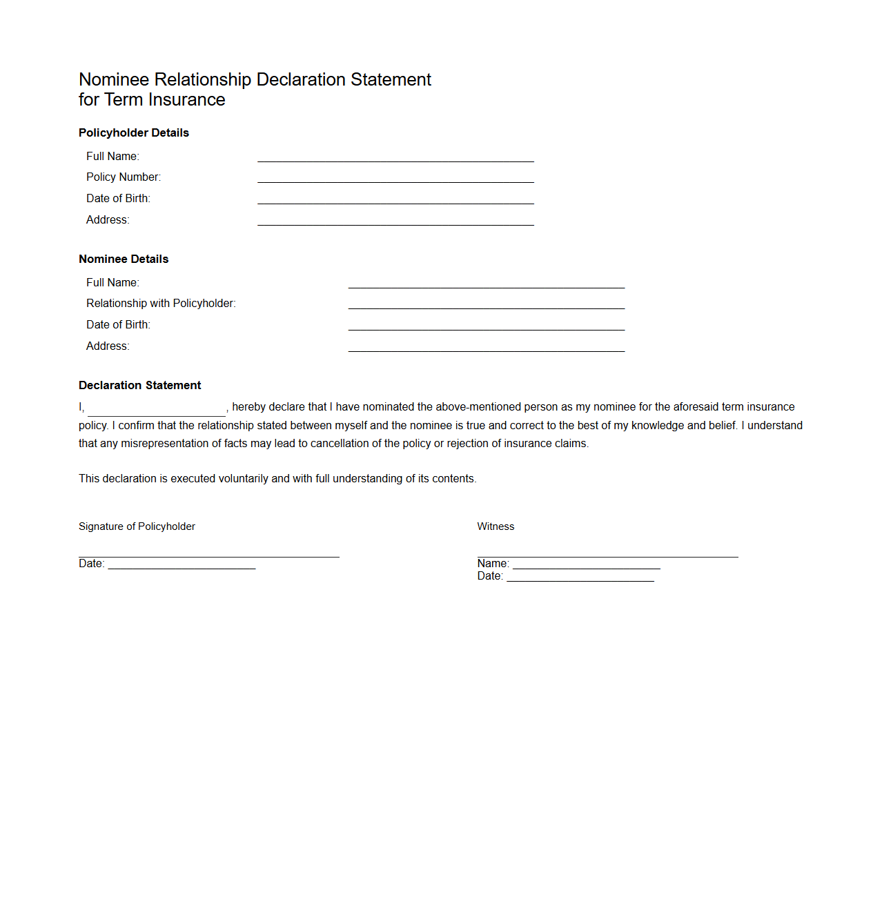 Nominee Relationship Declaration Statement for Term Insurance