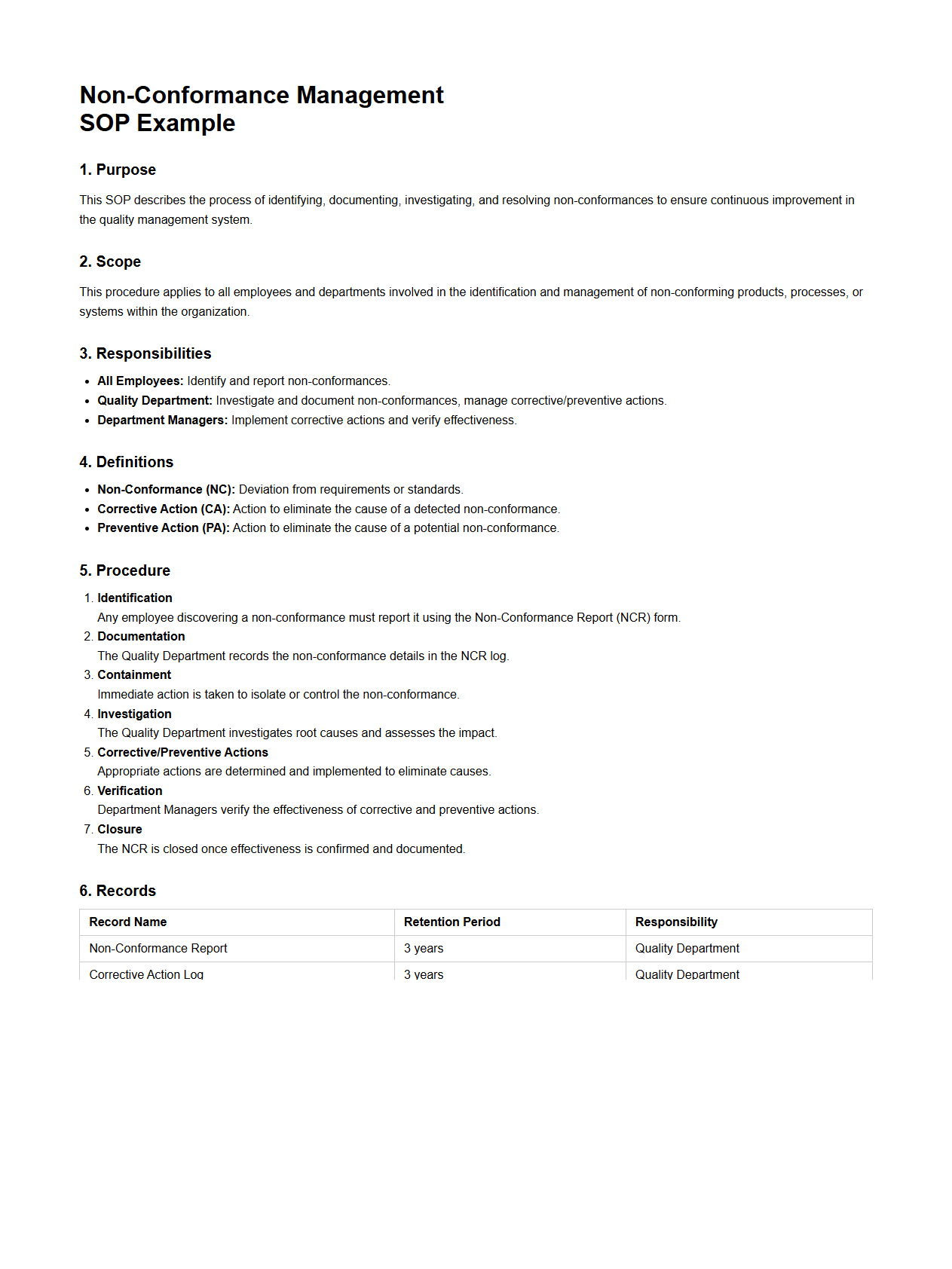 Non-Conformance Management SOP Example