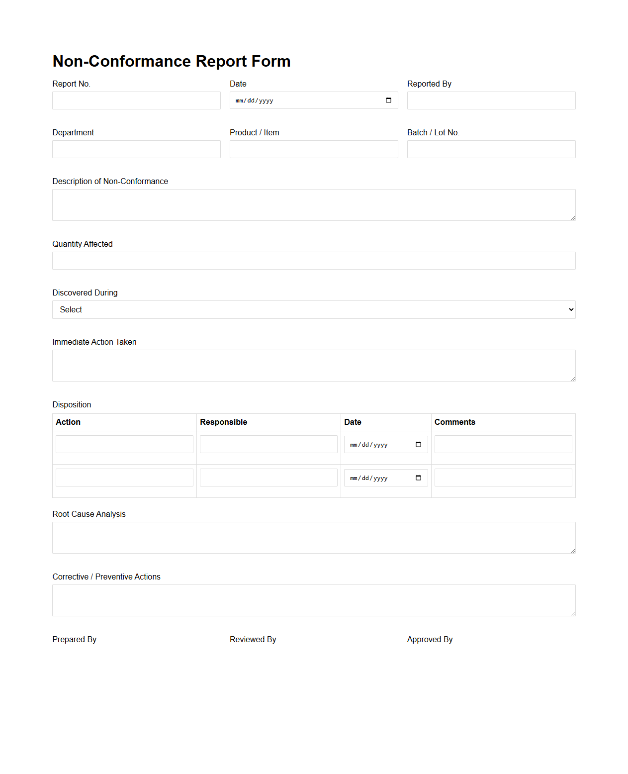 Non-Conformance Report Form for Manufacturing
