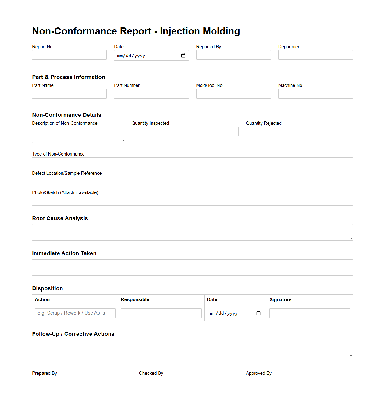 Non-Conformance Report Template for Injection Molding
