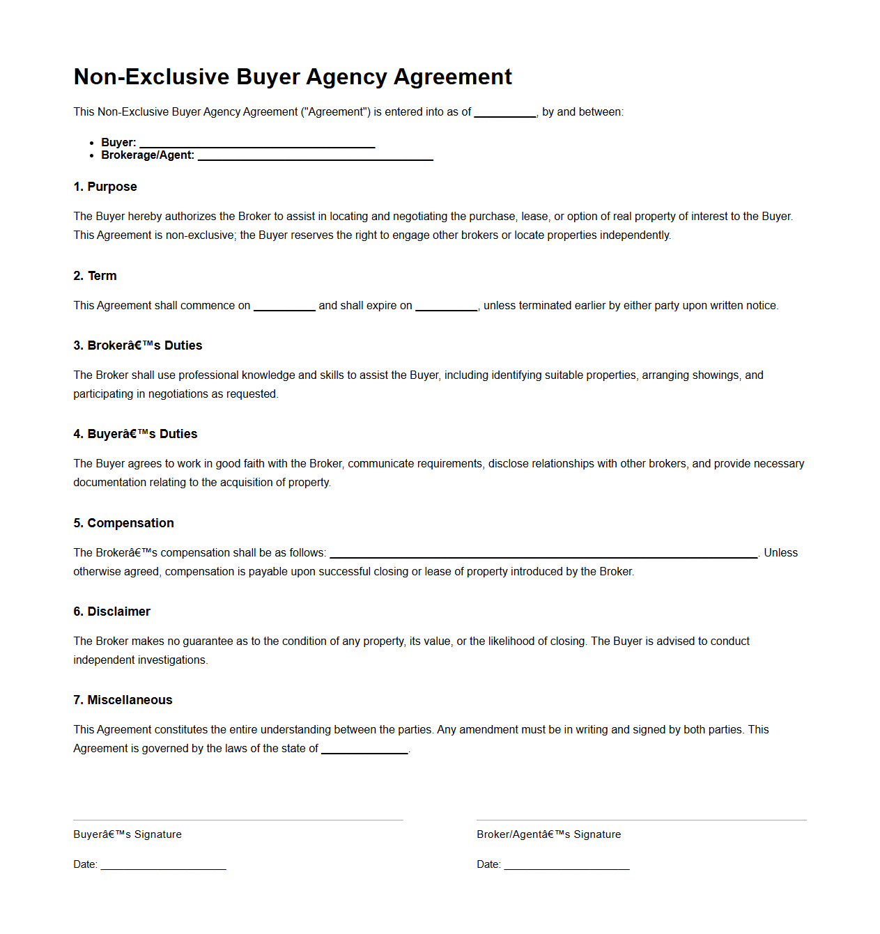 Non-Exclusive Buyer Agency Agreement Template