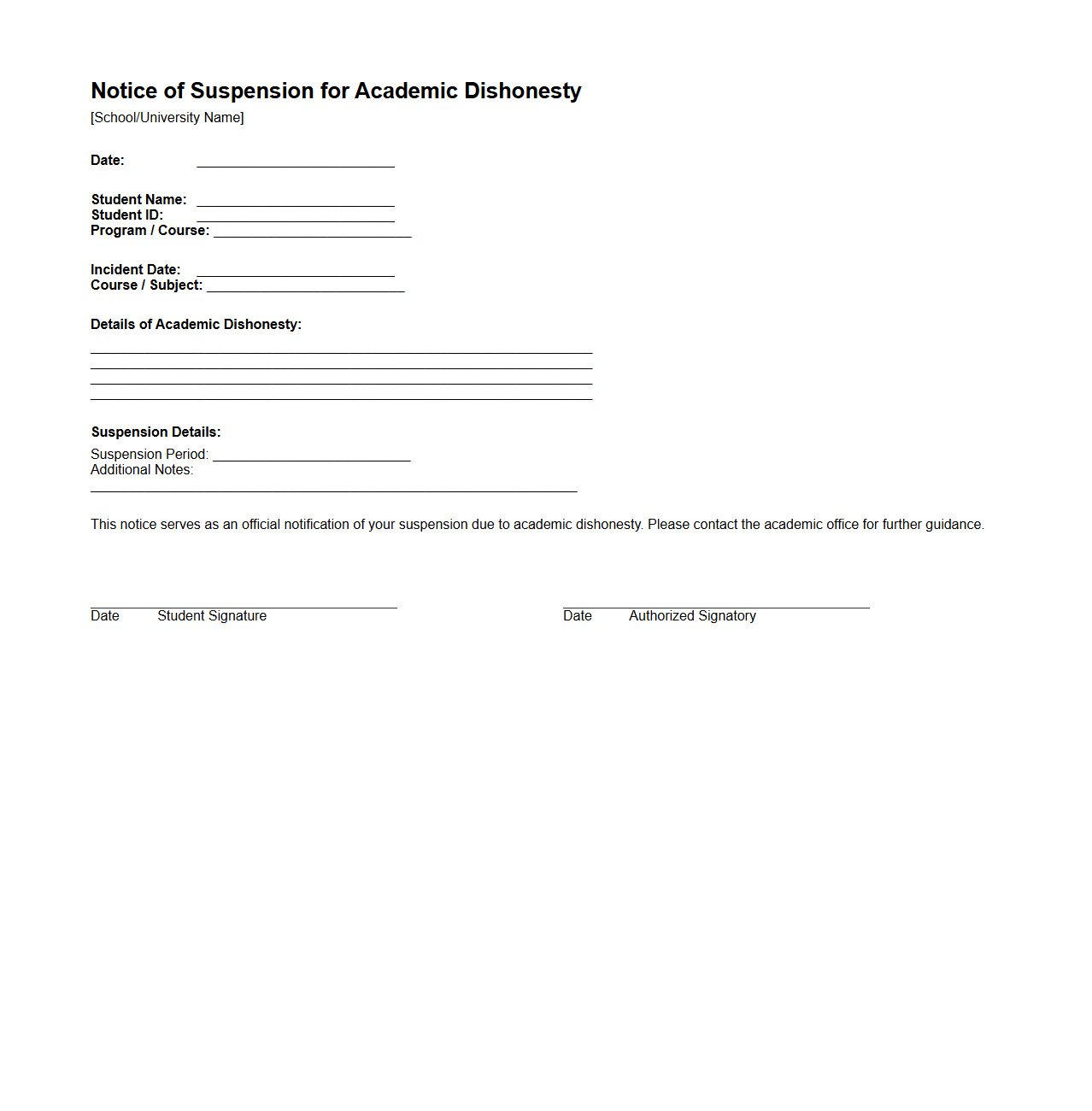 Notice of Suspension for Academic Dishonesty