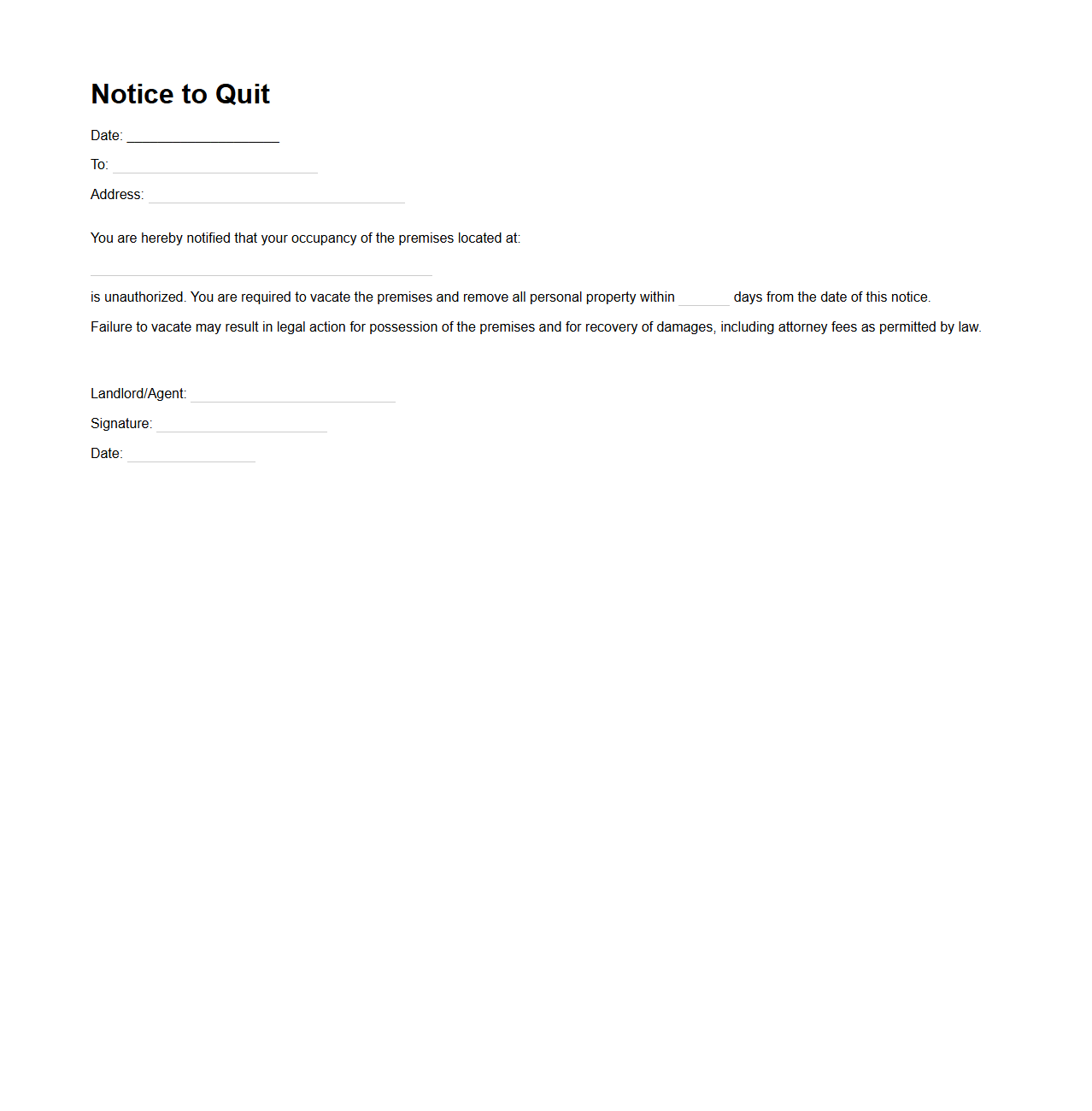 Notice to Quit for Unauthorized Occupants