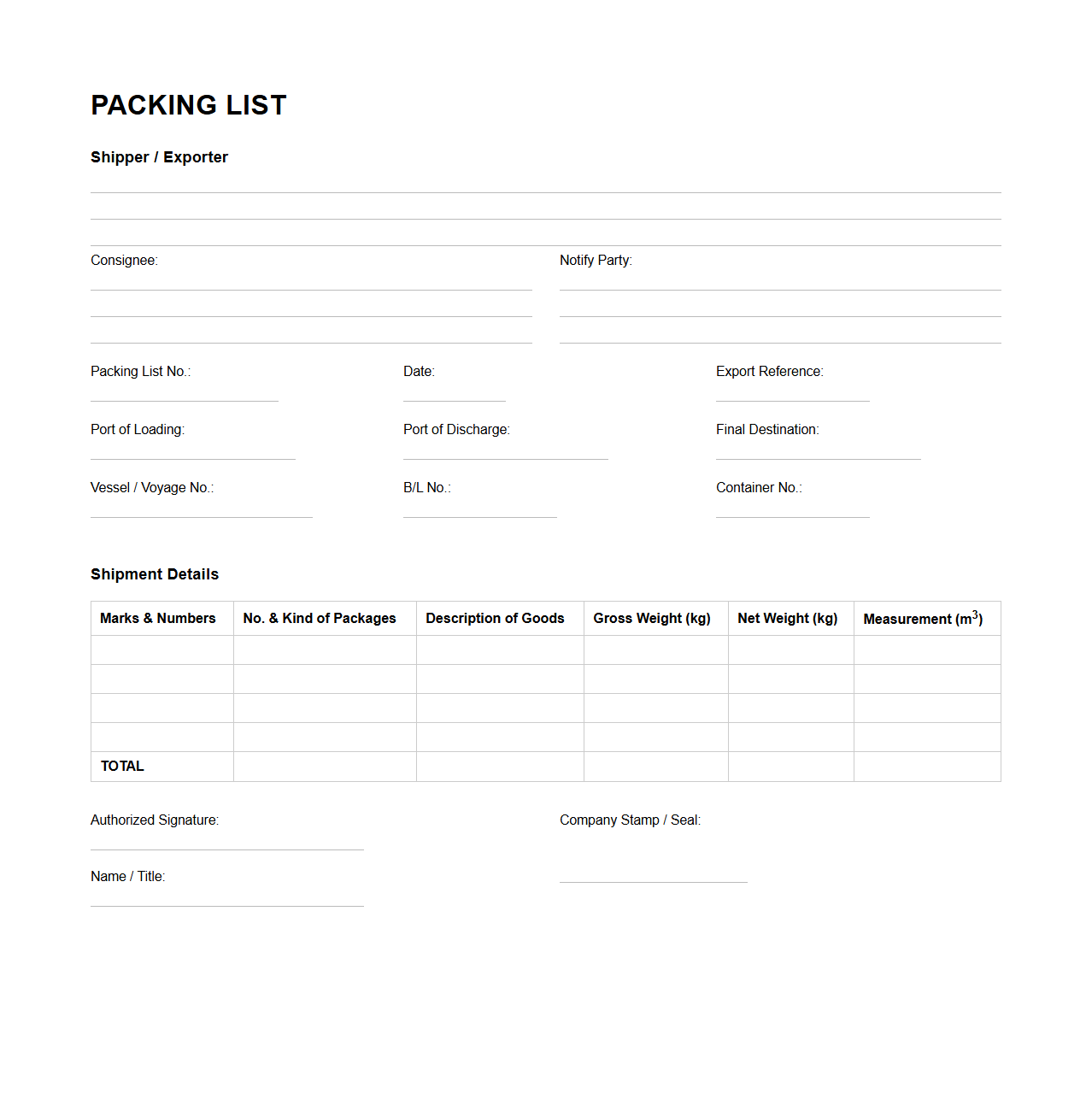 Ocean Export Shipment Packing List Format