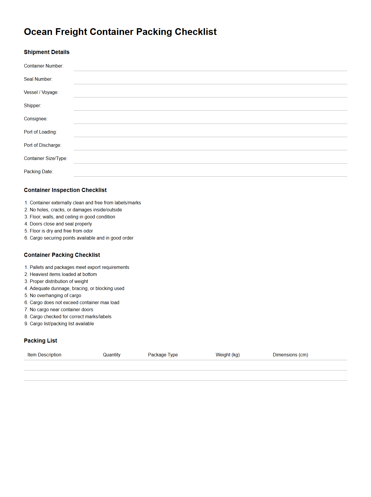 Ocean Freight Container Packing Checklist Example