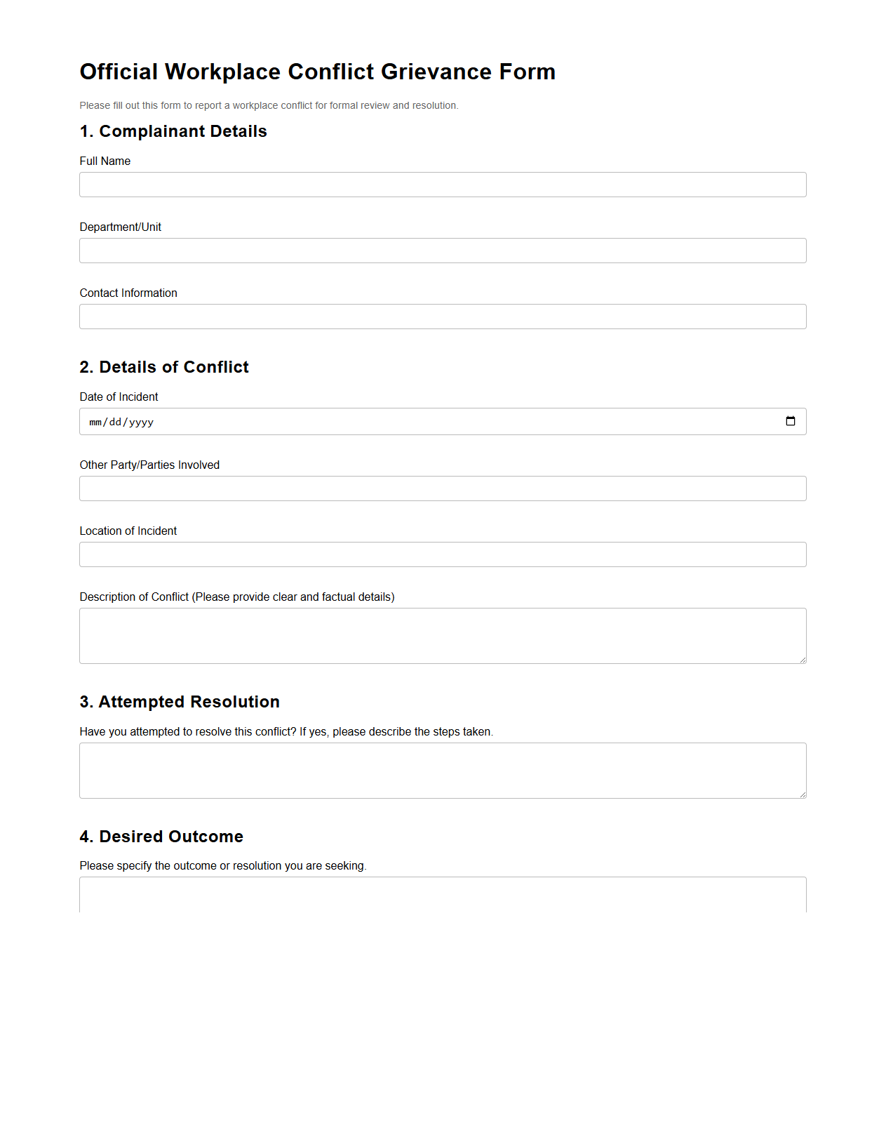 Official Workplace Conflict Grievance Template