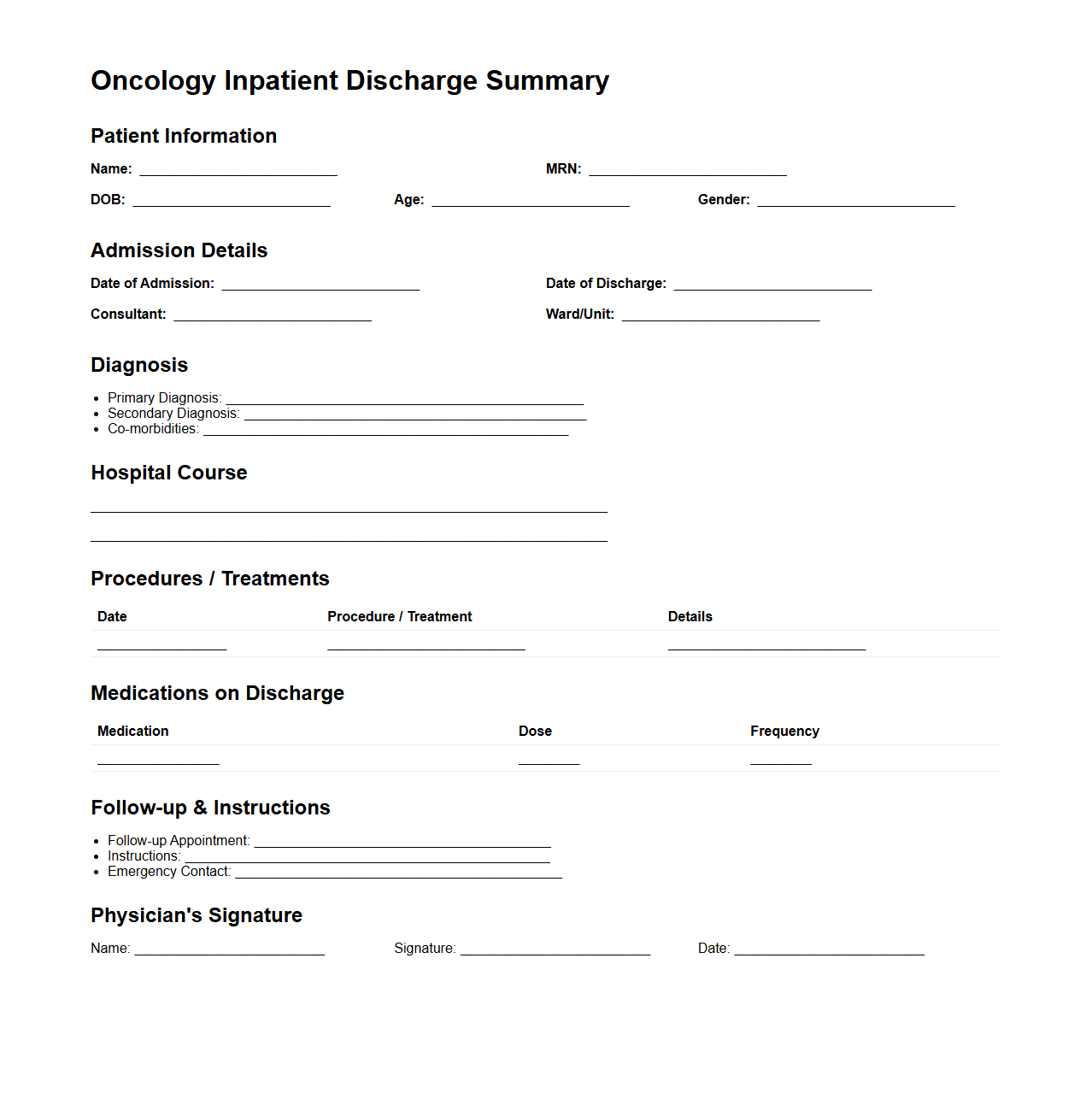 Oncology Inpatient Discharge Summary Sample