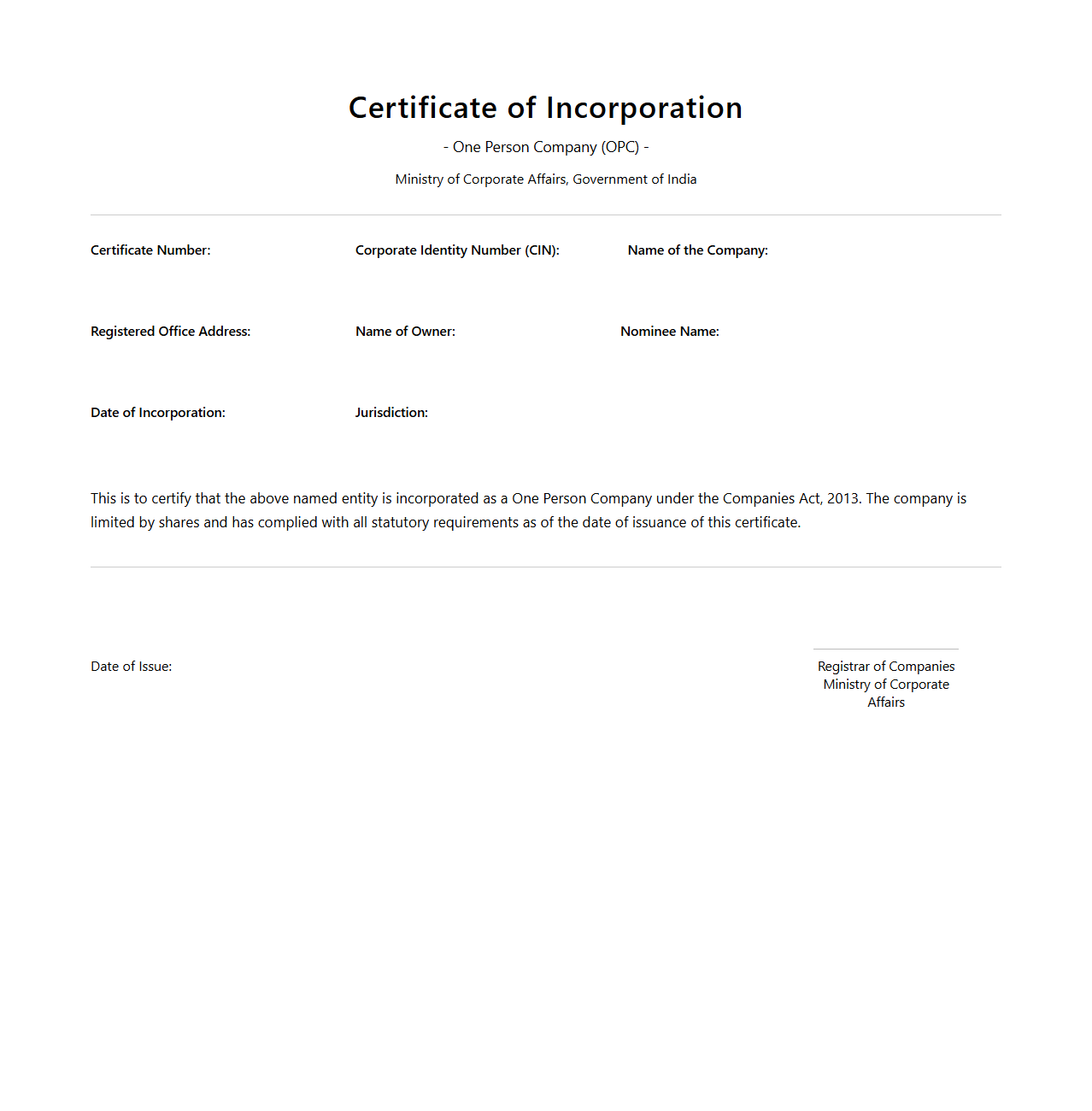 One Person Company Incorporation Certification Layout