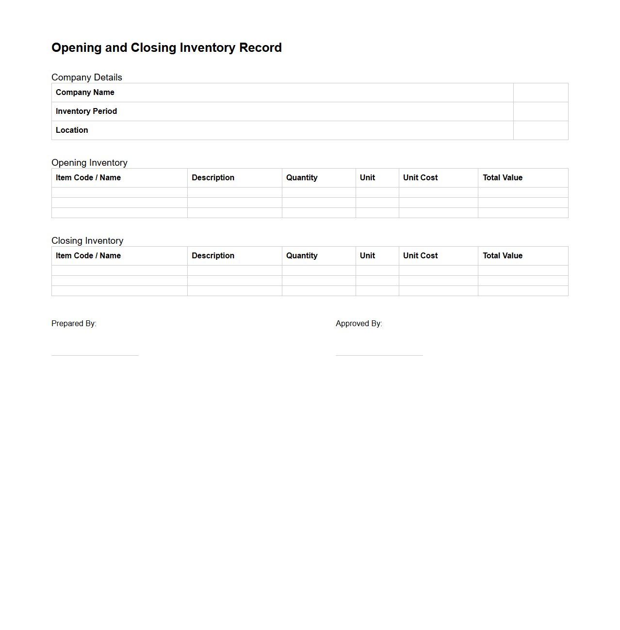 Opening and Closing Inventory Record