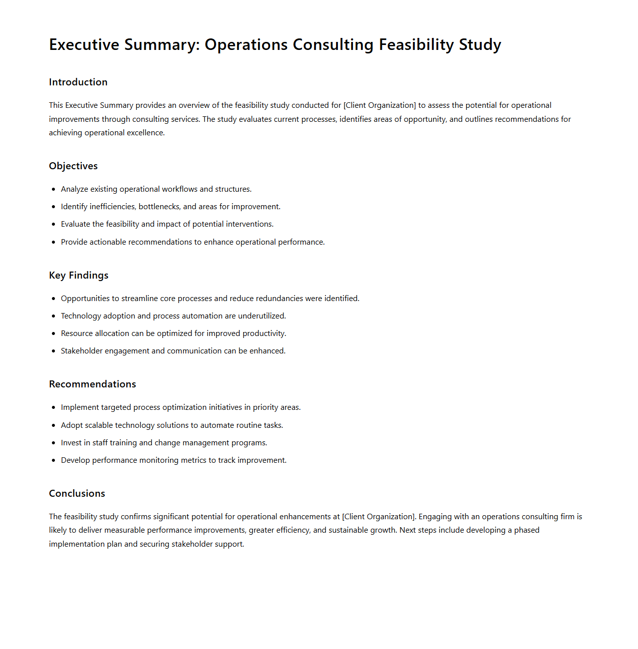 Operations Consulting Feasibility Study Executive Summary