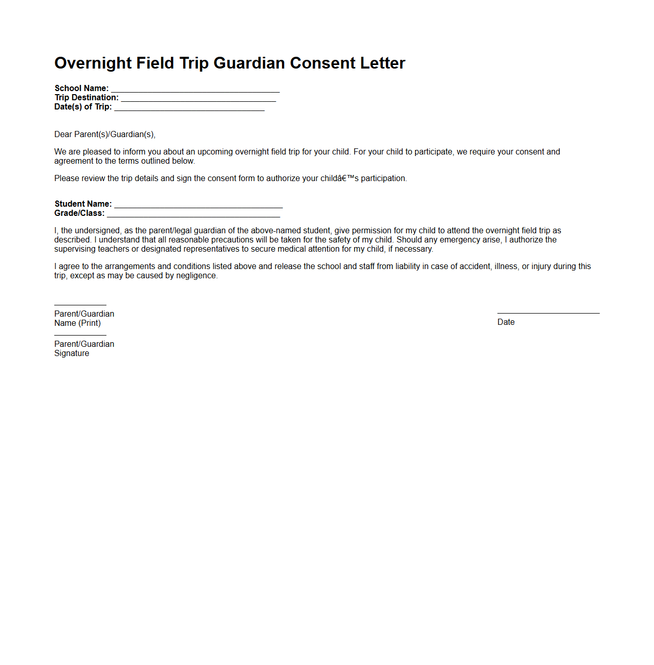Overnight Field Trip Guardian Consent Letter