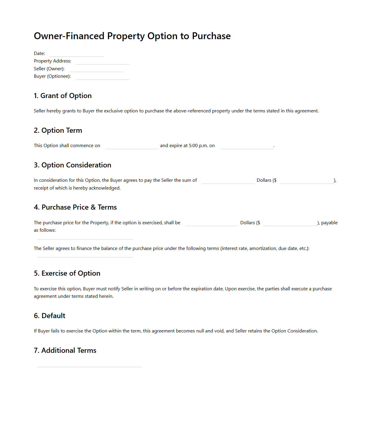 Owner-Financed Property Option to Purchase Document