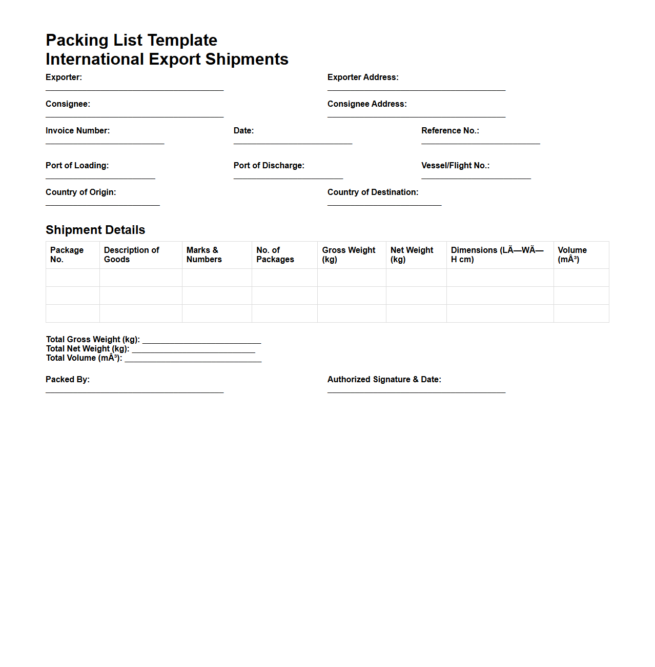 Packing List Template for International Export Shipments