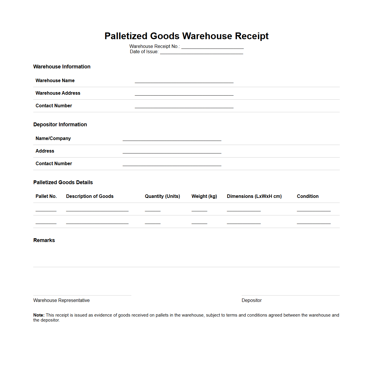 Palletized Goods Warehouse Receipt Specimen