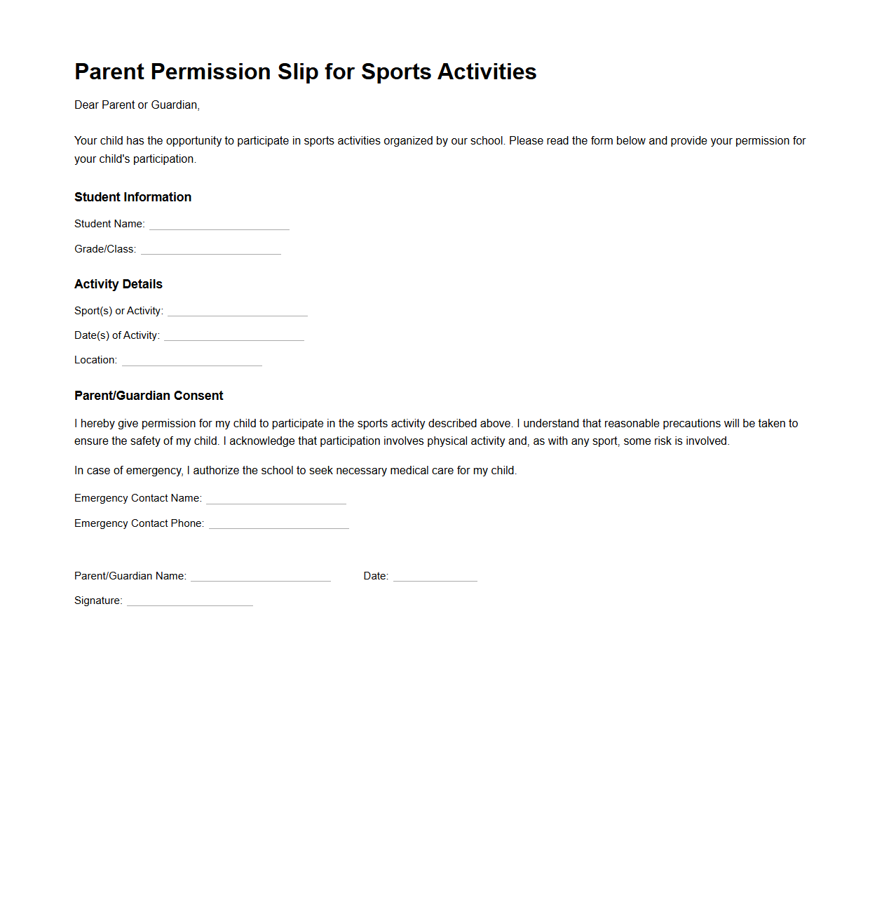 Parent Permission Slip for Sports Activities