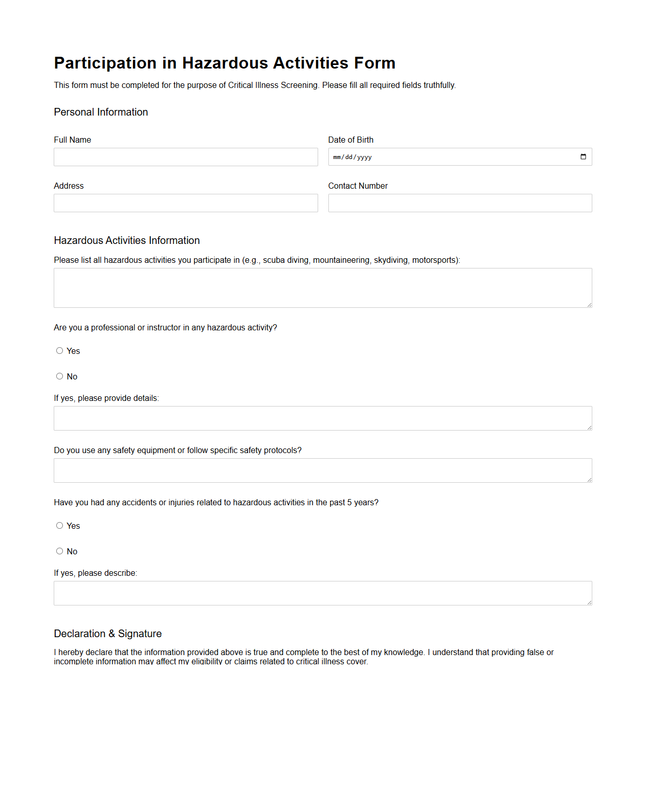 Participation in Hazardous Activities Form for Critical Illness Screening