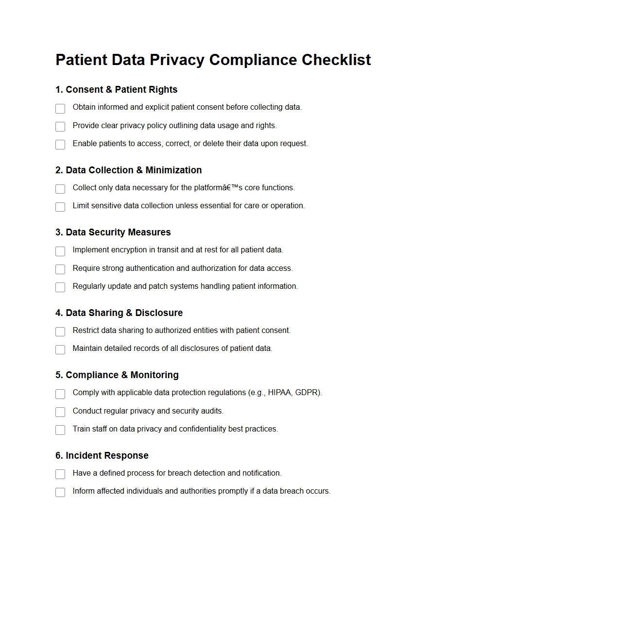 Patient Data Privacy Compliance Checklist for Digital Health Platforms