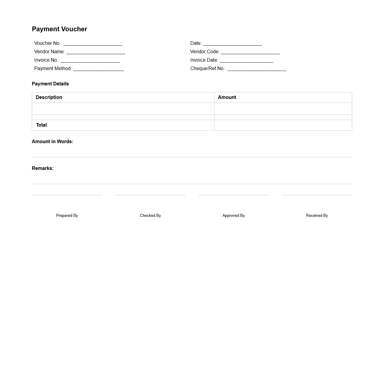 Payment Voucher Format for Vendor Payments