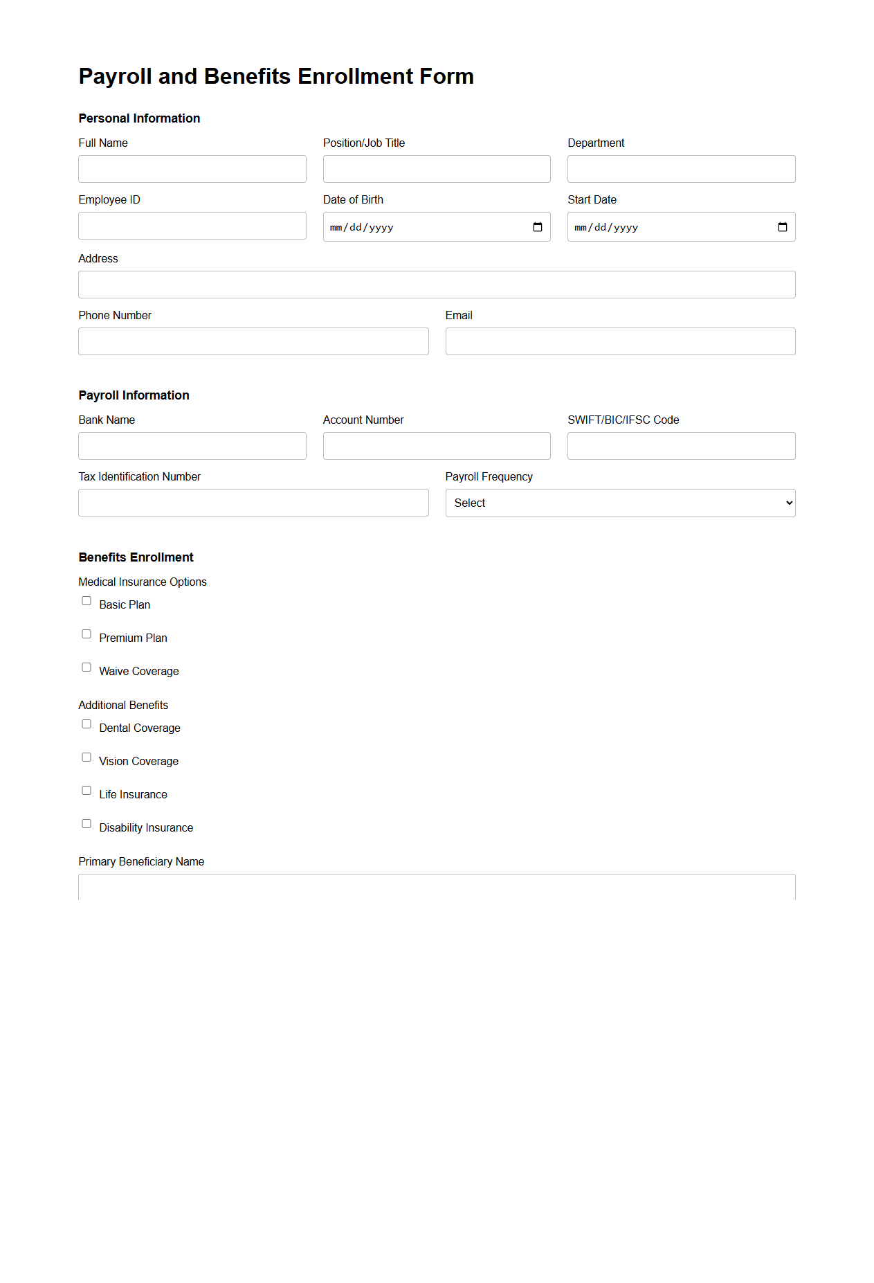 Payroll and Benefits Enrollment Form for Hotel Staff