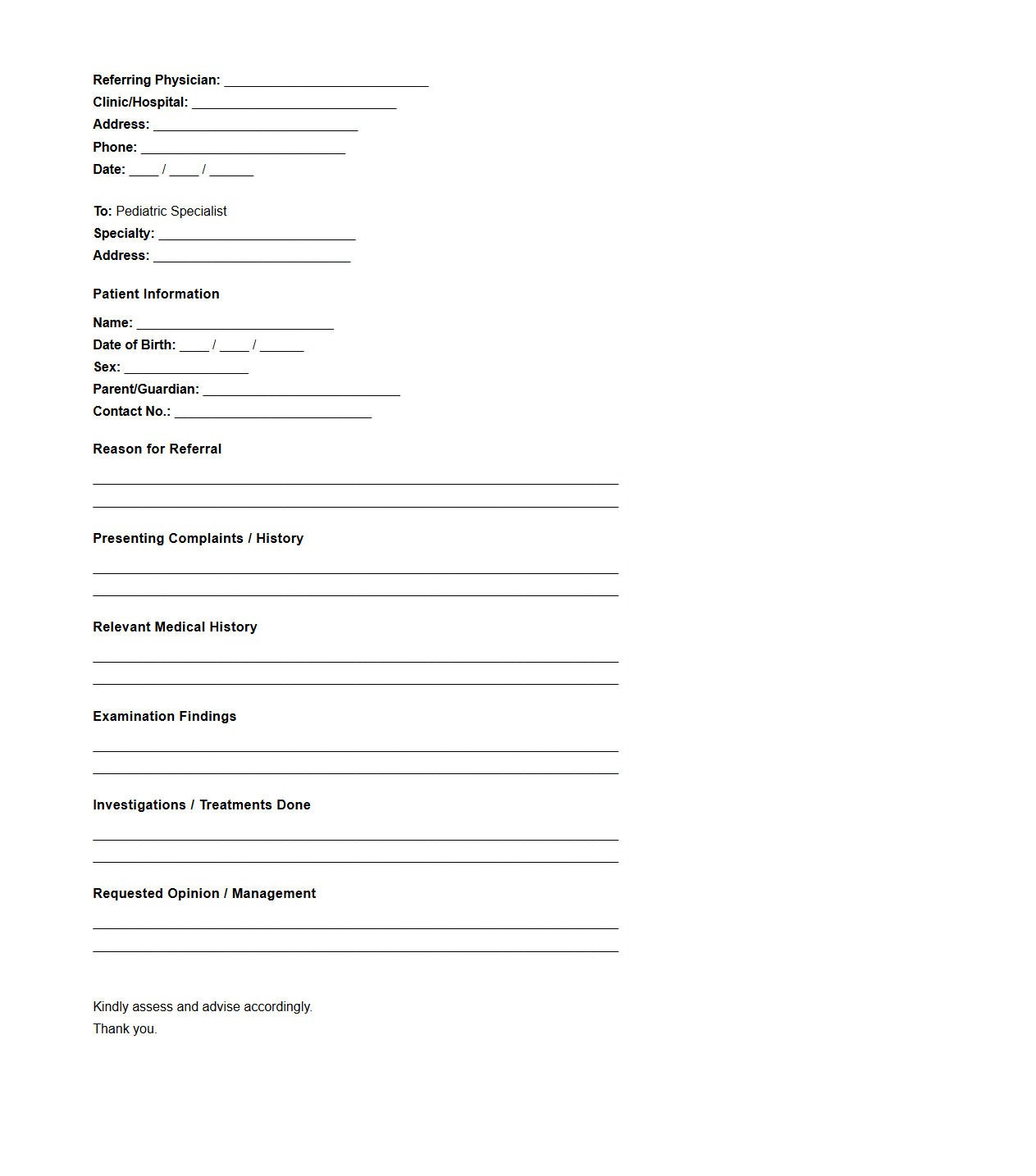 Pediatric Specialist Consultation Referral Letter Sample