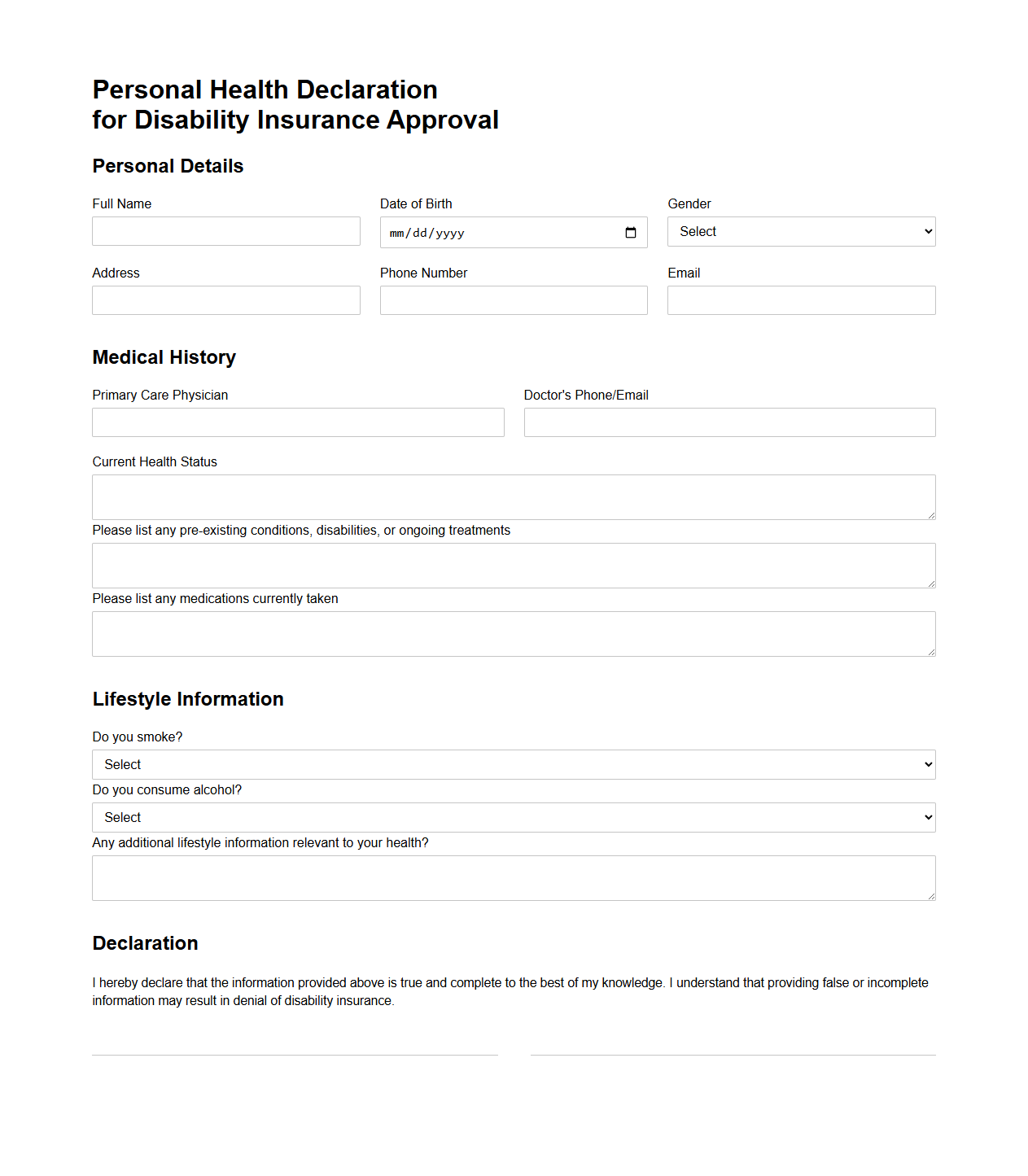 Personal Health Declaration for Disability Insurance Approval