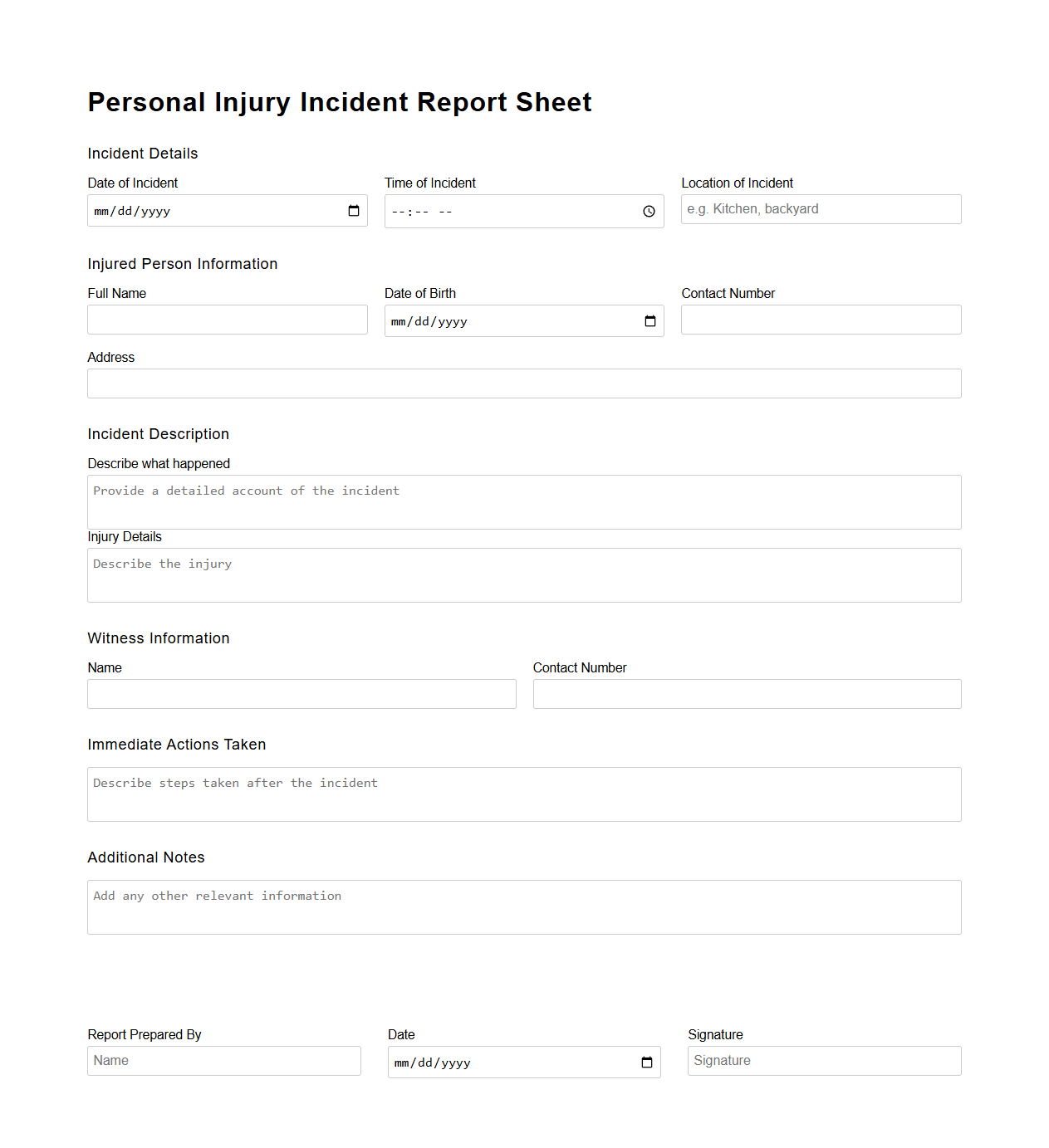 Personal Injury Incident Report Sheet for Home Coverage