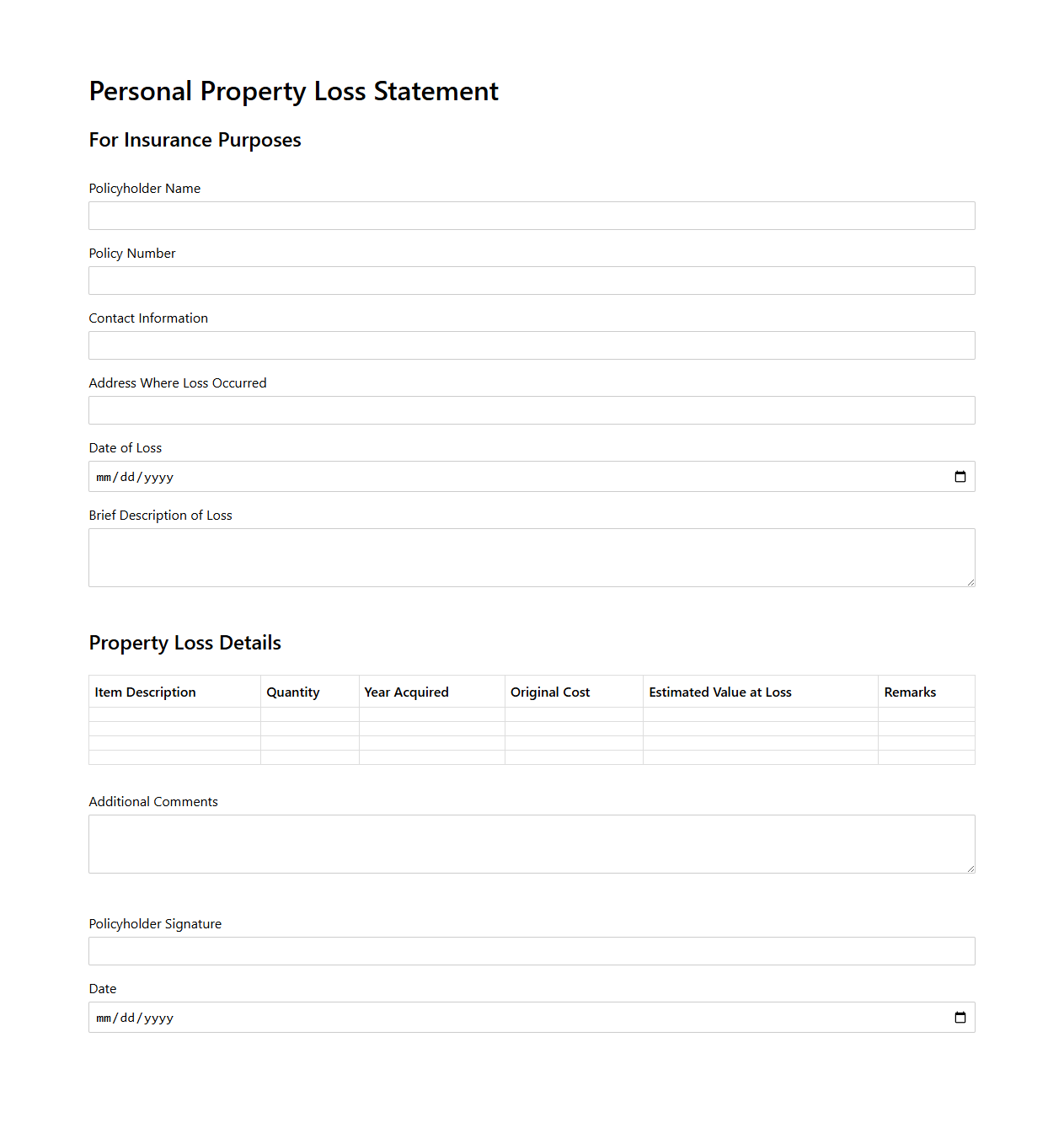 Personal Property Loss Statement for Insurance Purposes
