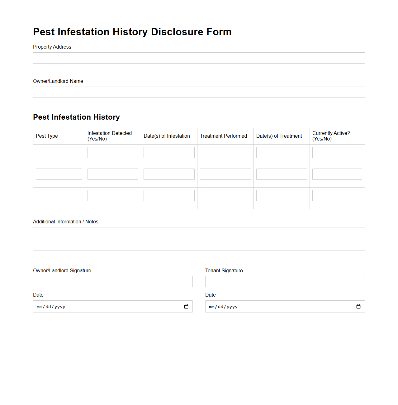 Pest Infestation History Disclosure Form