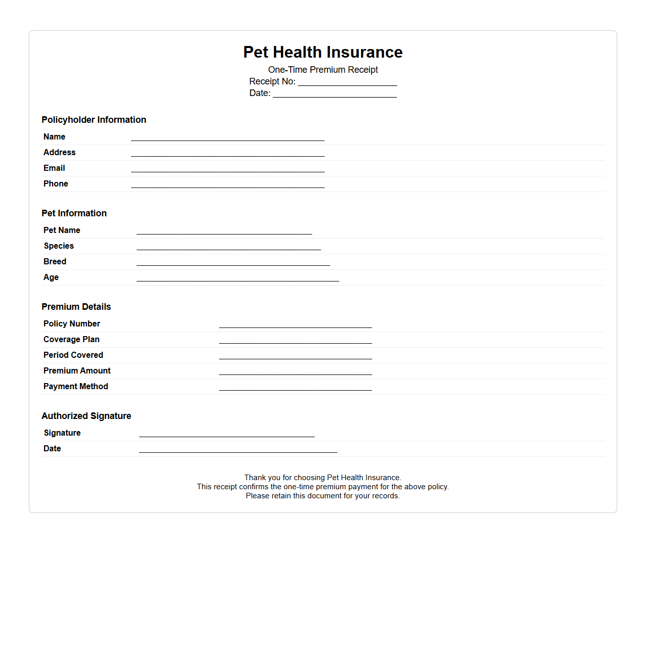 Pet Health Insurance One-Time Premium Receipt