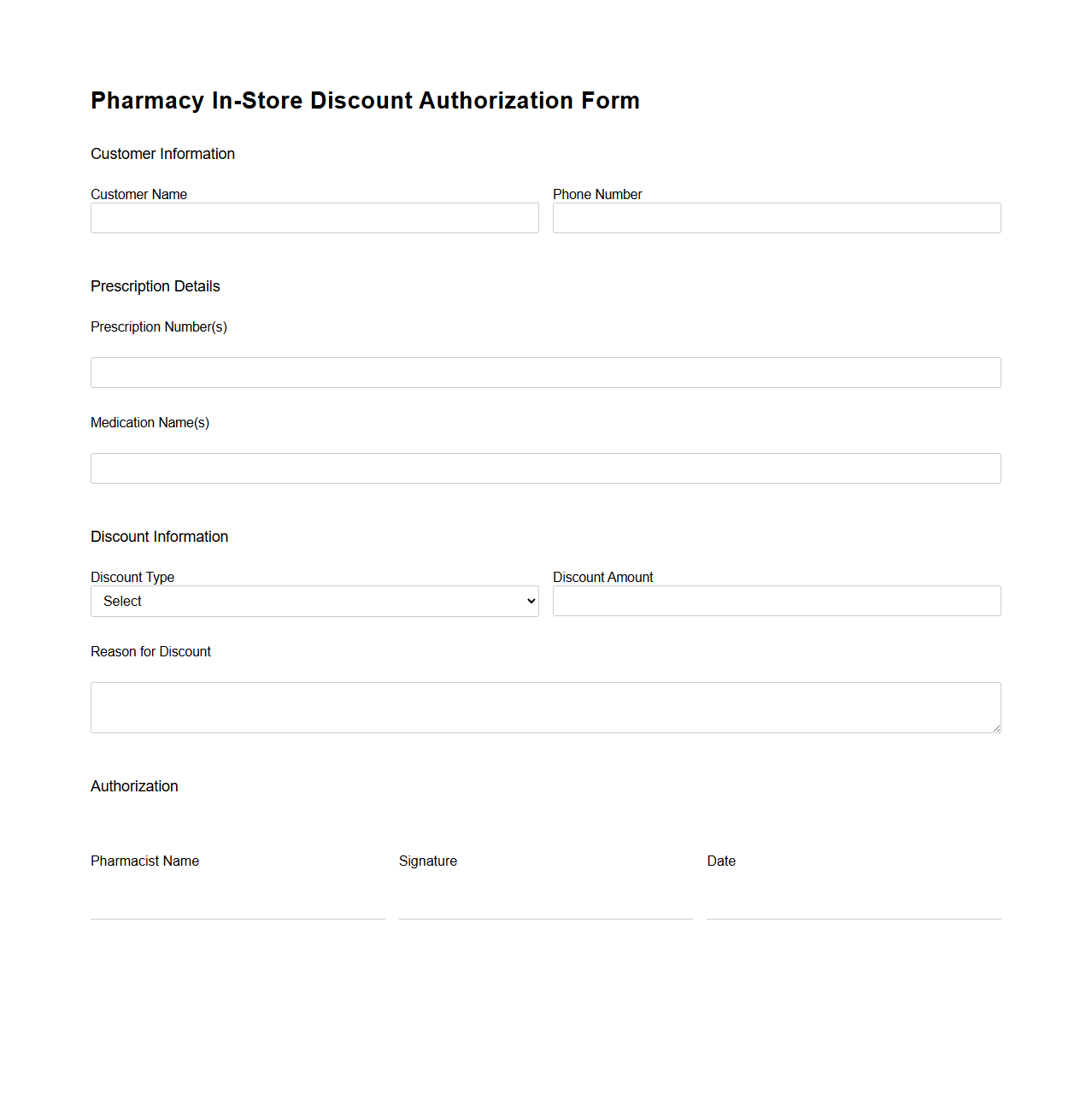 Pharmacy In-Store Discount Authorization Form
