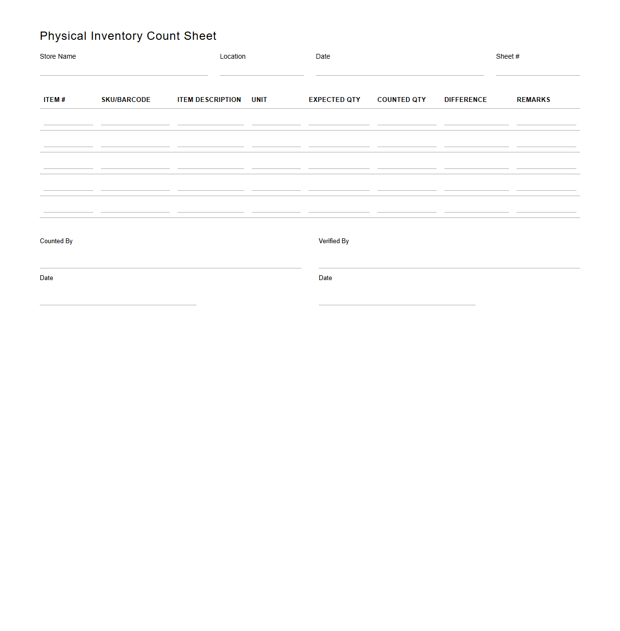 Physical Inventory Count Sheet Template for Retail Store