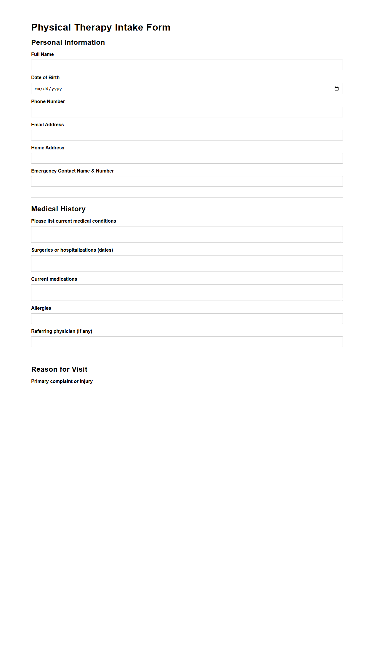 Physical Therapy Intake Document Sample