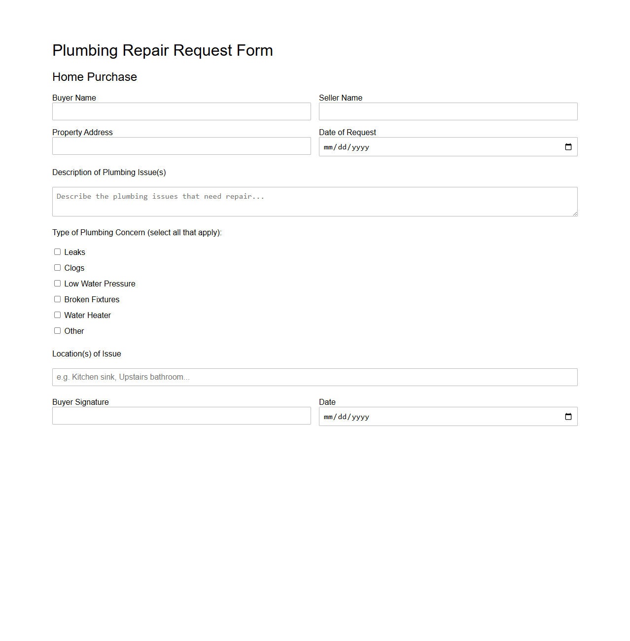 Plumbing Repair Request Form for Home Purchase