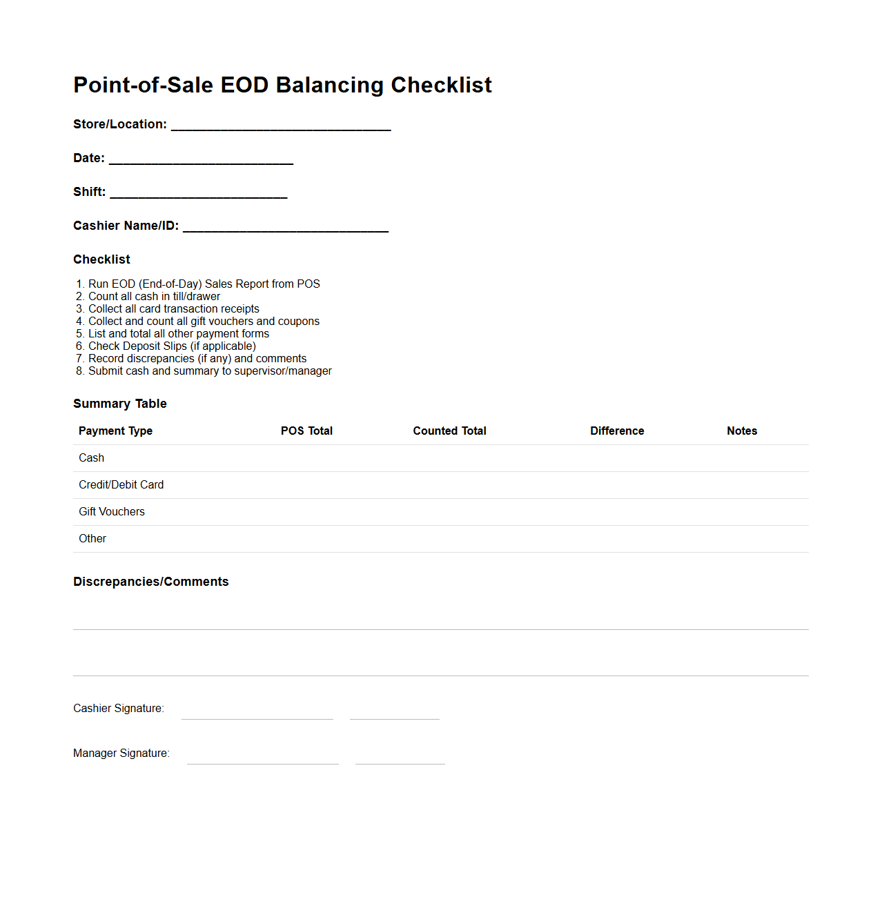 Point-of-Sale EOD Balancing Checklist Example