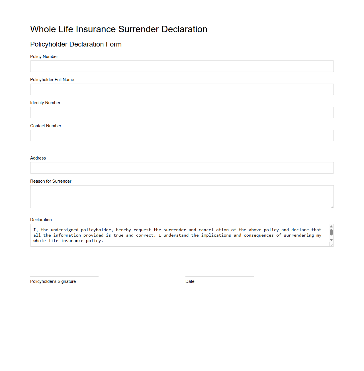 Policyholder Whole Life Insurance Surrender Declaration