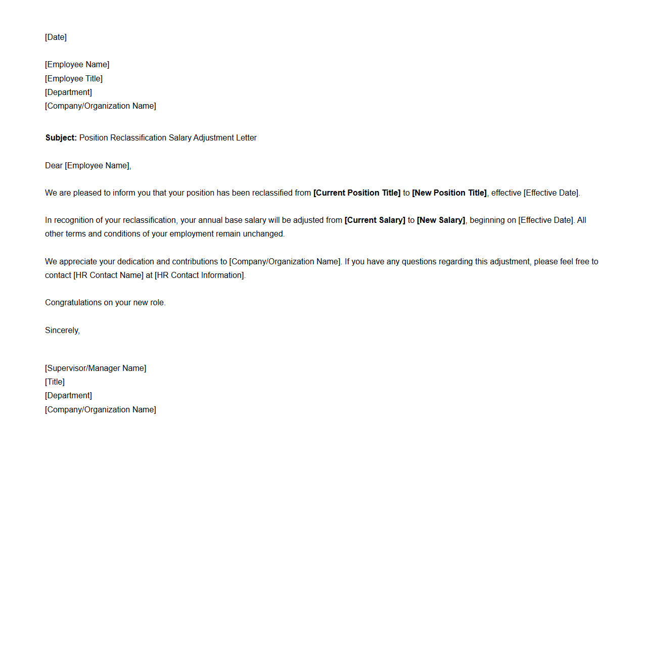 Position Reclassification Salary Adjustment Letter