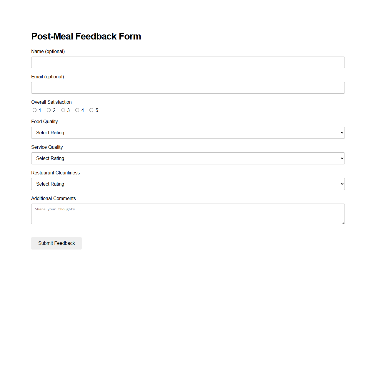 Post-Meal Feedback Form for Restaurant Customers